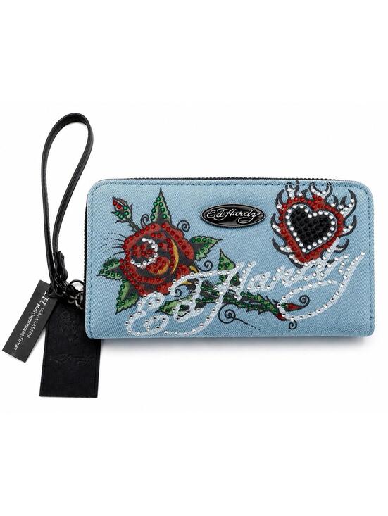 Ed Hardy Handbags - Ed Hardy Denim Tattoo Rose Heart Rhinestone Wristlet NWT